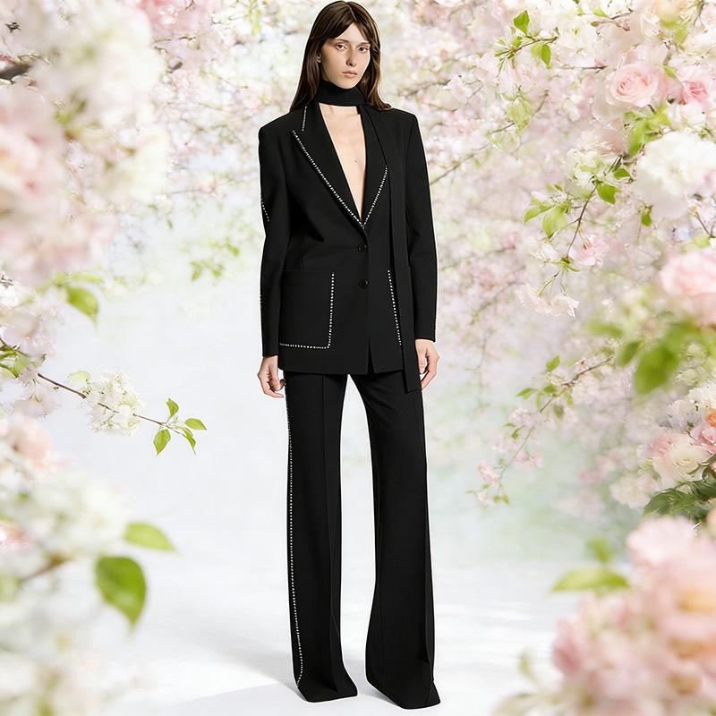 2026 High Street Spring Fashion: Rhinestone Suit Jacket & Trousers Scarf Set for Women