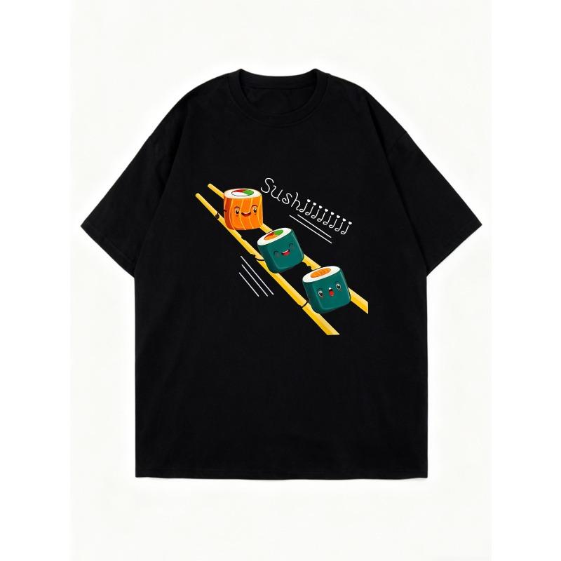 Cute Oversized T Shirt Black Sushi Roll Cartoon Print With Music Notes And Text For Casual Wear Summer Outfits Streetwear Fashion