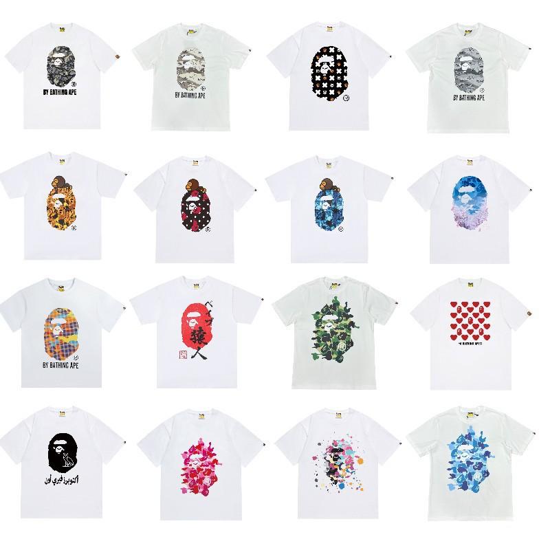 Mens Streetwear Oversized Cotton Tee With Camo Shark Ape Graphic Print Casual T-Shirt