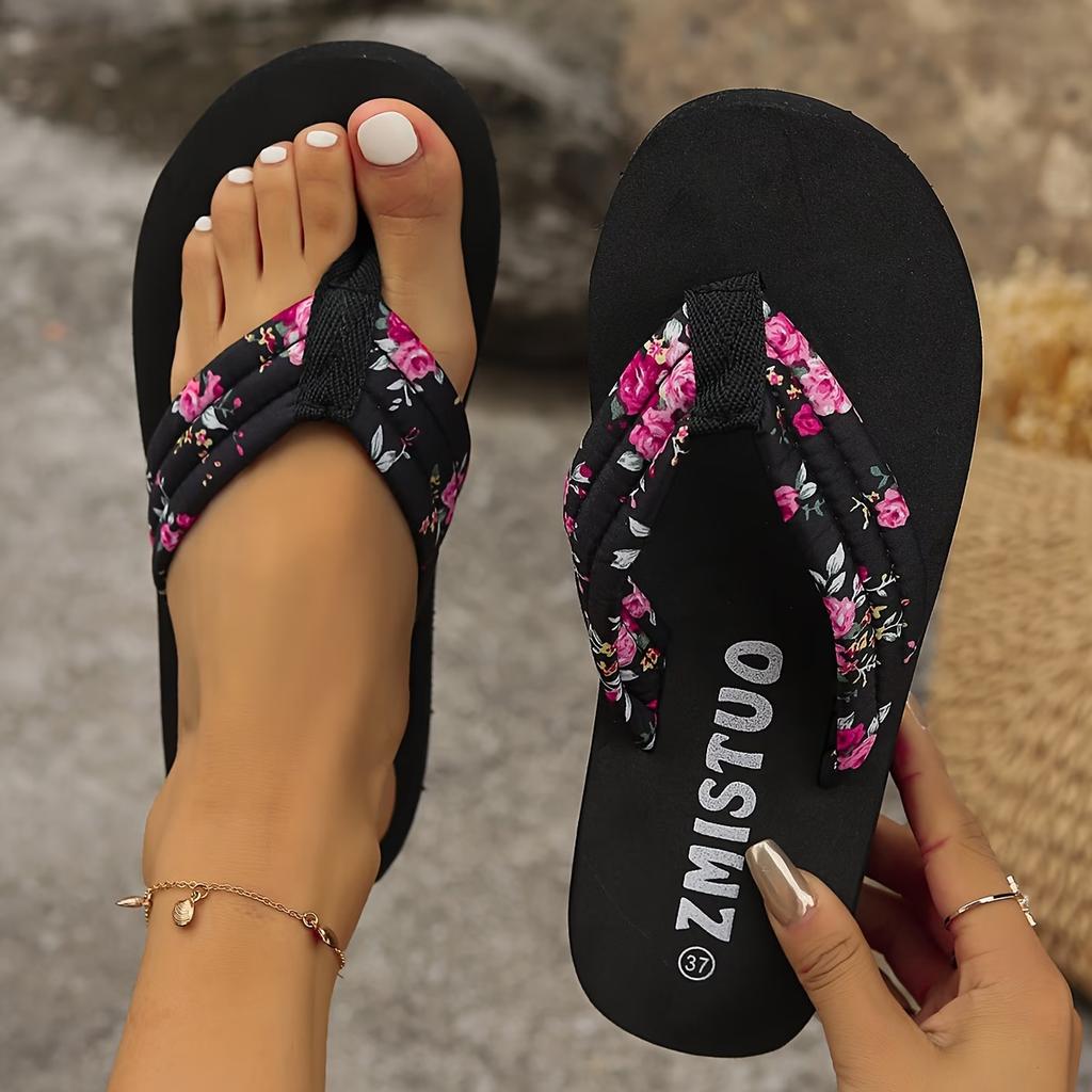 Women's Floral Flip-Flops - Comfortable Summer Beach Sandals with Soft EVA Sole, Breathable Fabric Upper
