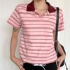 New Arrivals Open Run Women SporTs STripe Open Collar Regular FiT ShorT Sleeve T