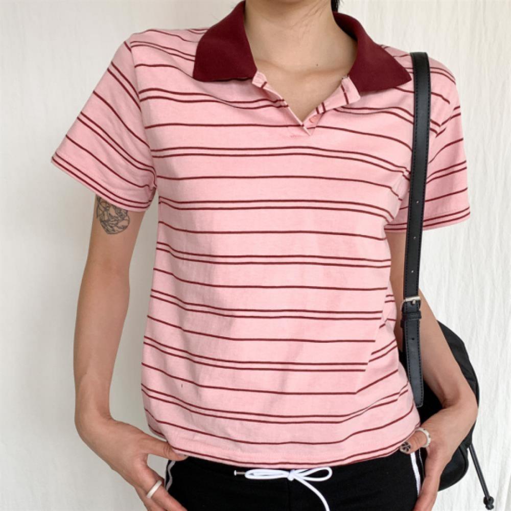 New Arrivals Open Run Women SporTs STripe Open Collar Regular FiT ShorT Sleeve T