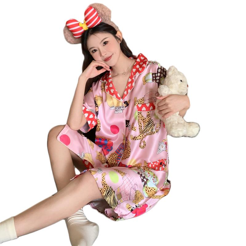 Sweet Leopard Summer Ice Silk Pajamas Women'S Little Love Printed Short Sleeve Homewear Pajamas Dress