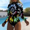 Women Long Sleeve One Piece Swimsuit Zip Front  Spiral Tie Dye Print Rash Guard Surfing Bathing Suit