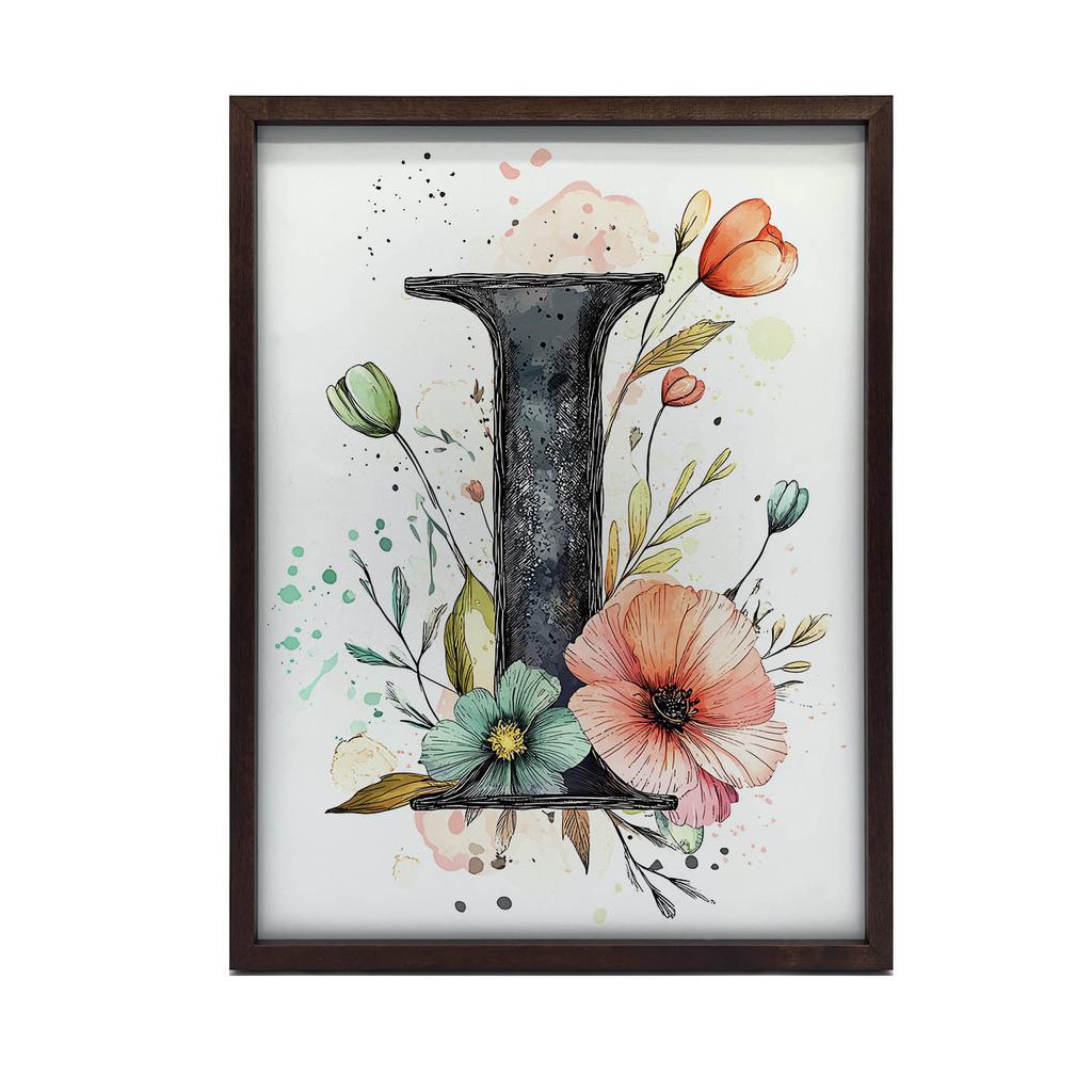 Plakat Litera "I" Z Kwiatami Plakat Litera "I" Z Kwiatami, 30X40 Cm, Rama Drewniana Ciemny Brąz, Papier Matowy 230 Gsm