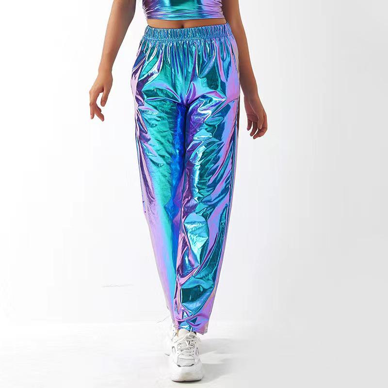 

Iridescent Streetwear: Men s and Women s Loose Fit Patent Leather Hip Hop Party Pants L синий/радужный