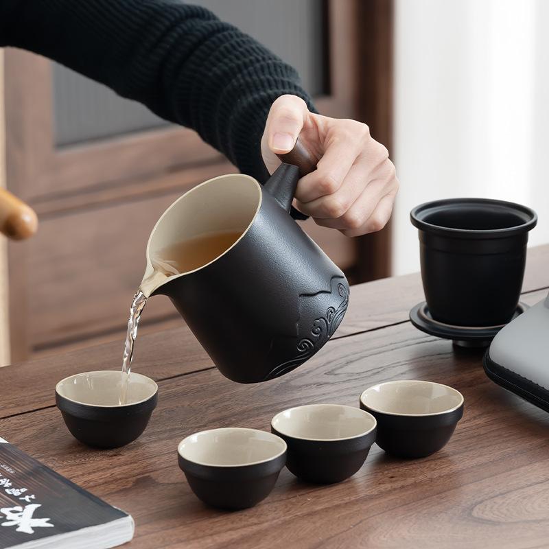 Travel Tea Set Outdoor Camping Portable Tea Set Black Pottery Kuaike Cup One Pot Four Cups Storage Bag Business Gifts