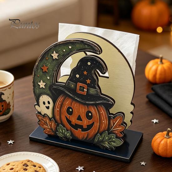 Vertical Napkin Holder Halloween Wood Holder, Rustic Ghost Skeleton Owl Pumpkin Dispenser, Unique Tabletop Display Vintage Standing Tissue for Kitchen