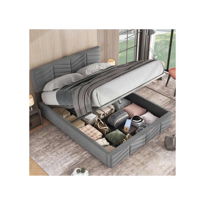 Lit - MUVOE - 140 x 190 cm - Tête de lit réglable - Velours rayé - Fonction de stockage