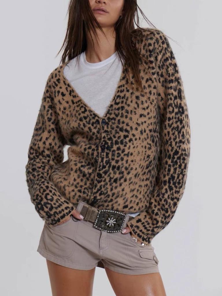 New Trendy Vintage Leopard Print V-Neck Knit Cardigan for Women, Soft and Fuzzy with Drawstring