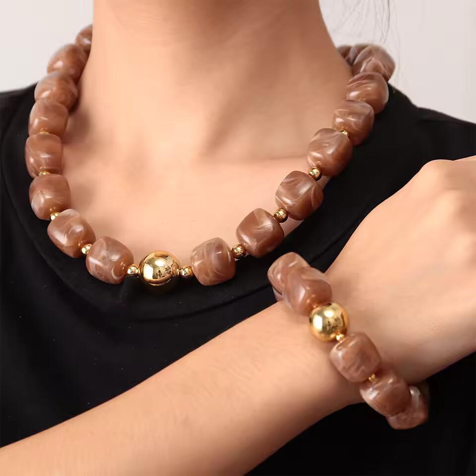 Acrylic Square Beads Chain Necklace Bangle Handmade Irregular Stone Shape Beaded Bracelet Choker Retro Jewelry Gifts