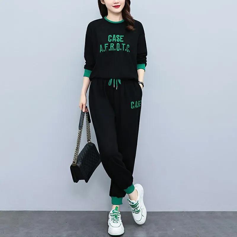Large Size Women's Spring and Autumn Sports Suit Loose and Thin Fashion Casual Western Style Sweater Age-reducing Two-piece Suit