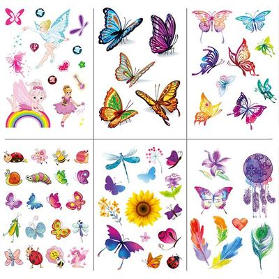 Autocollants de tatouage pour enfants, paillettes, poussière d'or, dessin animé, papillon, arc-en-ciel, insecte, tournesol, ensemble de couleurs, autocollants mignons