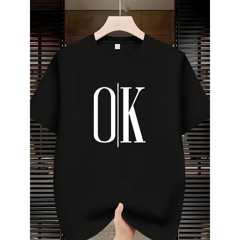 Men's "OK" Graphic Print T-Shirt - Breathable Summer Casual, Bold Letter Design,for Outdoor and Casual Attire, Loose Summer Sport Style