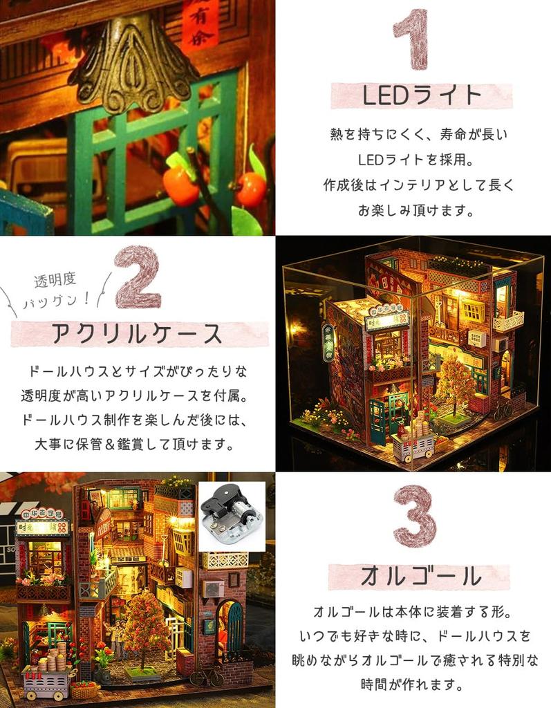 moin moin scale dollhouse miniature DIY kit set instructions Little World in a bookend bookshelf meat food stall Includes LED acrylic and music box