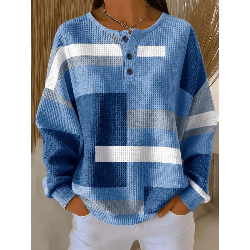 Women'S Casual Round Neck Long Sleeve T-Shirt Top, Fashionable Color-Block Printed Button-Up Sweatshirt