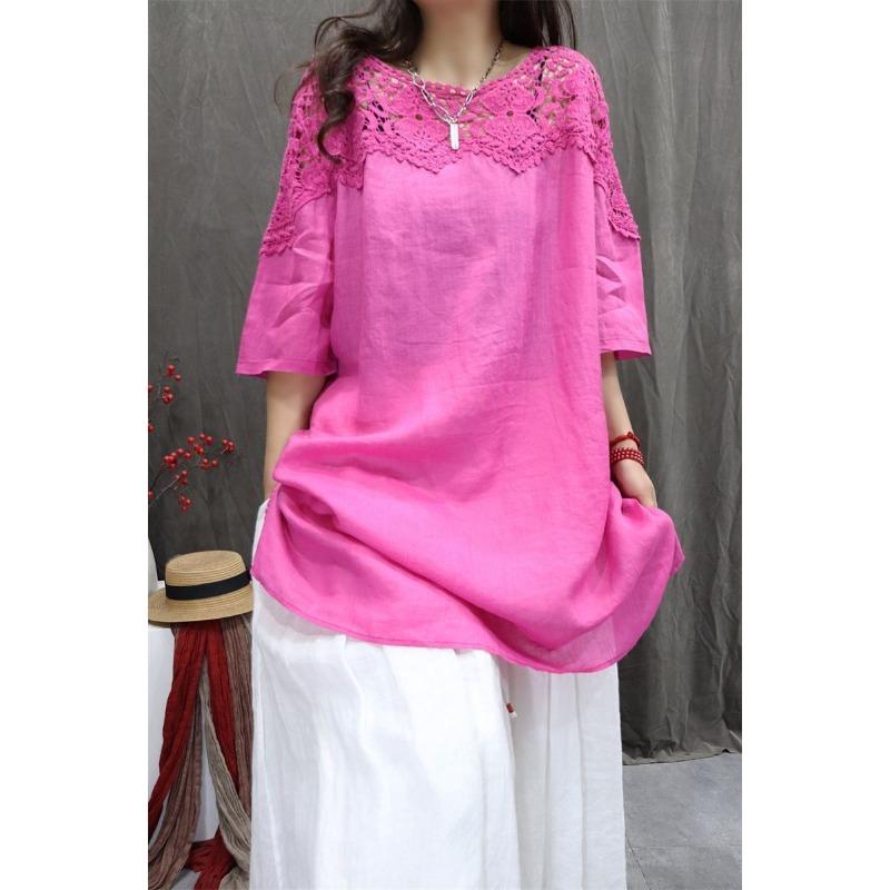 Womens Black Lace Trim Blouse Casual Round Neck 3/4 Sleeve Linen Tunic Top