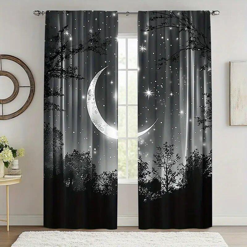 Starry Sky Moon Night Room Decorations Print Curtains Pole Bag Home Decoration Curtain Set Of 2 Made Polyester Washable