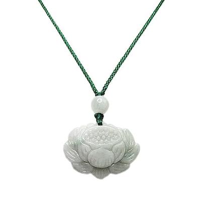 [Stone Street] Rare Jadeite Lotus Flower Carving Pendant with Green Cord Necklace