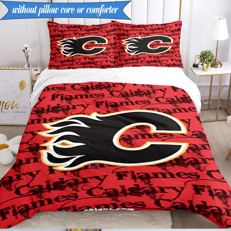 3PCS Flames Hockey Team Logo Bedding Set,Including 1pc Duvet Cover And 2pcs Pillowcases Perfect for Bedroom, Dormitory, Fan Christmas gift