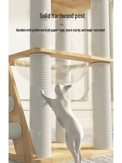 Solid Oak Cat Tree with Wall-Mounted Space Capsule Bed