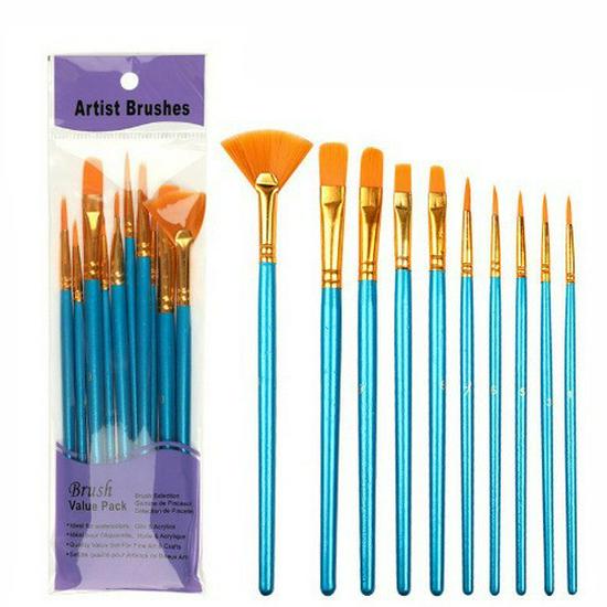 Foreign Trade Nylon Painting Brush Set - 10 Pieces, Red & Blue Handles, Flat Gouache & Oil Brushes