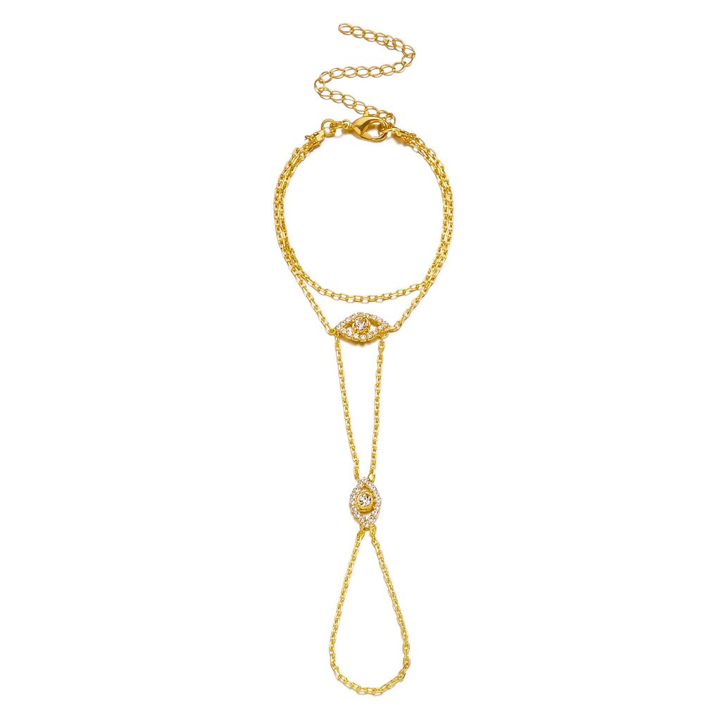 Personalized Vintage Eye Zircon Finger Chain for Women Dainty Copper Pave Link Hand Bracelet Gold Jewelry