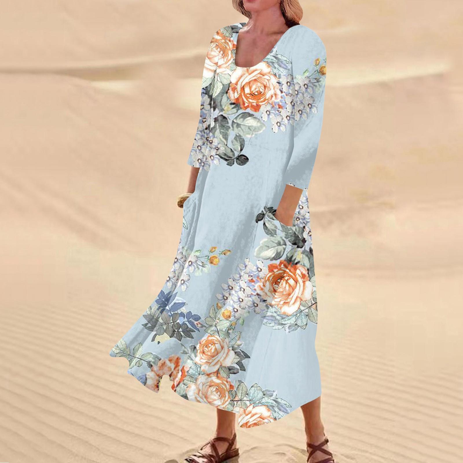 Женское повседневное удобное хлопковое карманное платье с цветочным принтом и рукавами — фото 13