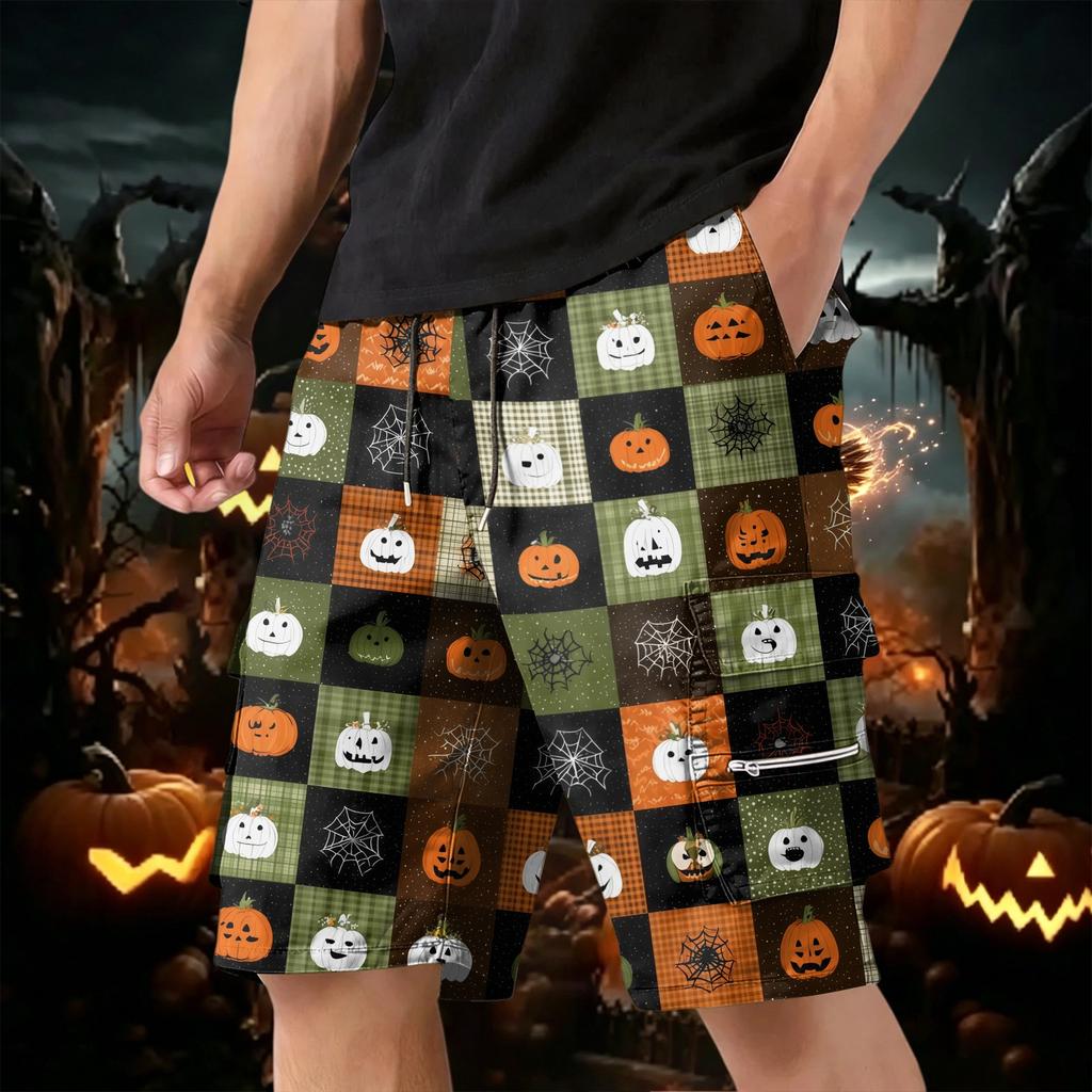 Men Drawstring Multi Pocket Cargo Shorts with Halloween Pumpkin and Bat Print Loose Fit Comfortable Design for Daily Wear