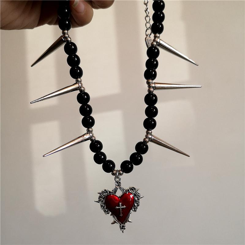Y2K Gothic Jewelry Heart Rose Cross Pendant Black Beaded Chain Rivet Necklace For Women Men Punk Vintage Grunge Neck Accessories
