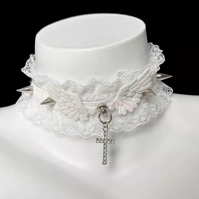 Wide Lace Rivets Lolita Lace Choker Y2K Angel Wings Cool Leather Necklace Fashion Solid Color Women Girls Necklace Daily Wear