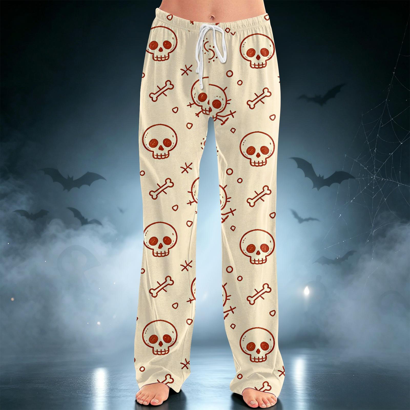 Women s Casual Pants with Drawstring Wide Leg Halloween Print for Holiday Relaxation L