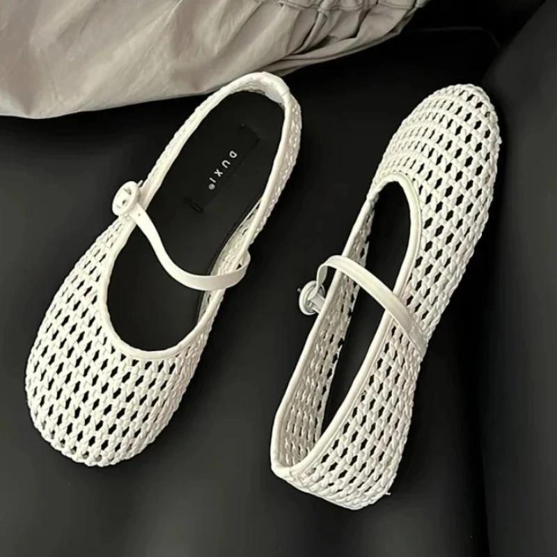 Fashion Concise Mesh Woven Design Ballet Flat Shoes Women Fashion Round Toe Buckle Mary Jane Shoe Summer Comfort Soft Bottom Flat Sandal