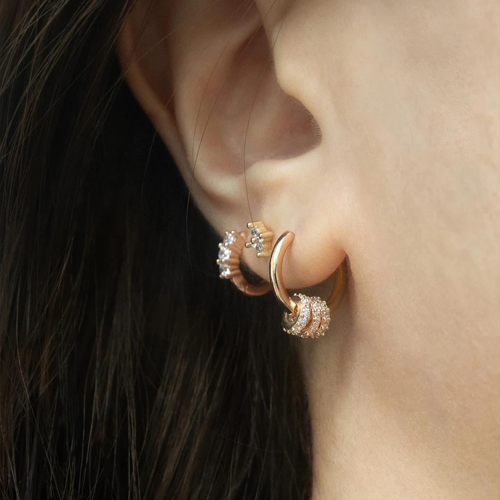 Trendy Small Round Gold Color Stainless Steel Huggies Hoop Earrings for Women Zirconia CZ Triple Gear Charm Earrings Ear Buckle