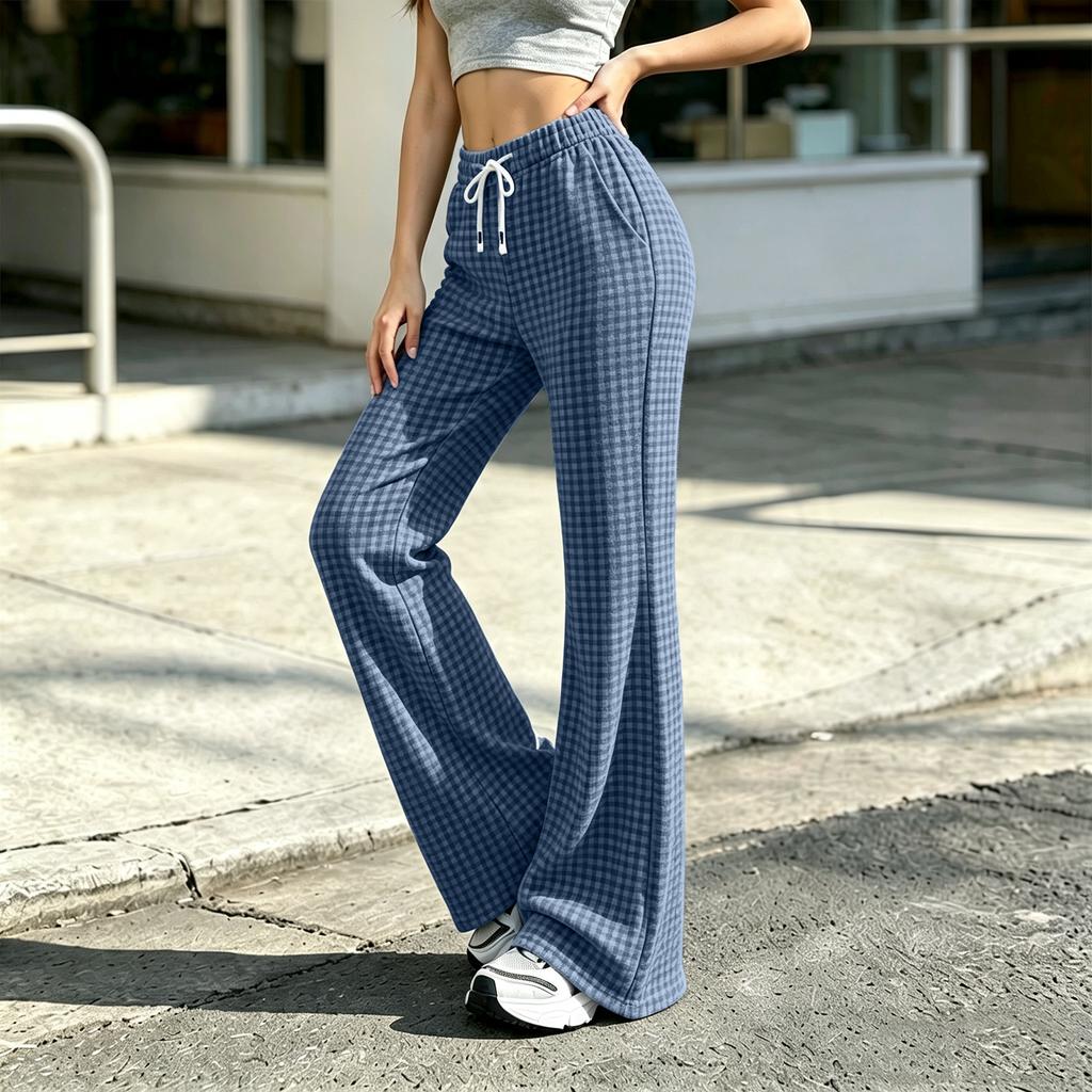 Women's Plaid Flare Pants with Waist for Casual and Home Wear