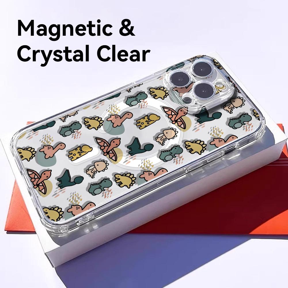 Cartoon Cute Dinosaurs Phone Case For iPhone 17 16 15 14 13 12 Pro Max Plus With Magnetic Crystal Clear Case Wireless Charge