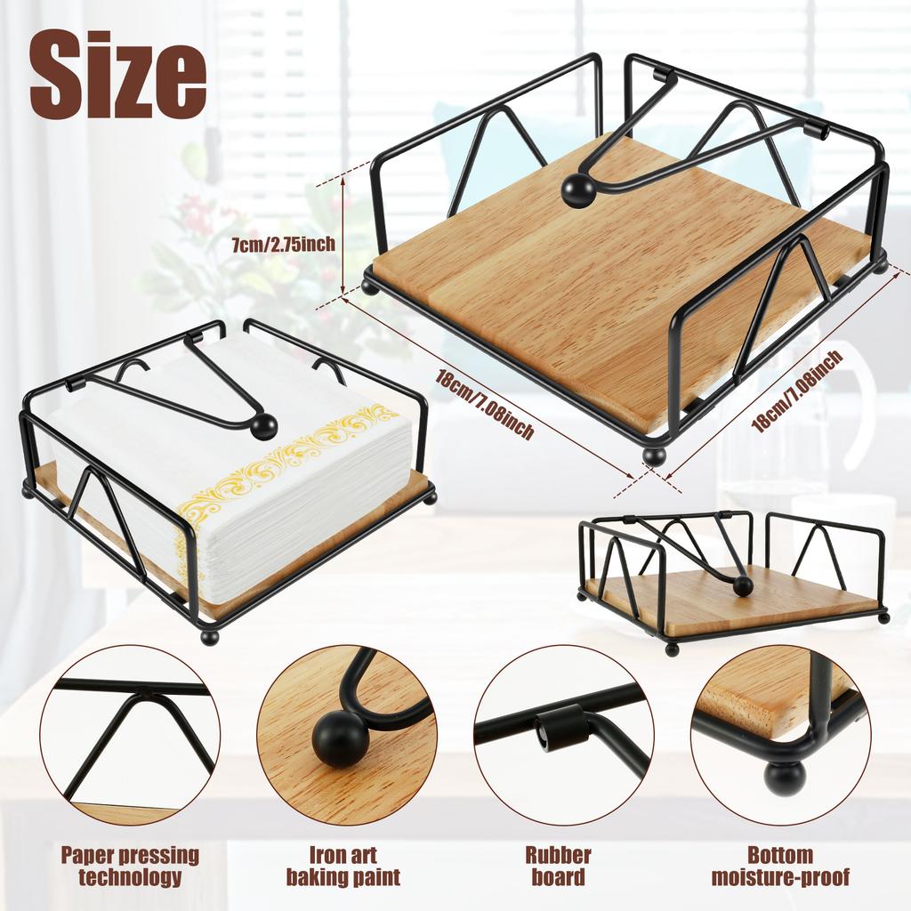 Napkin Holder Iron Flat Serviette Holder Freestanding Wooden Base Square Paper Raised for Kitchen Office Table Reusable