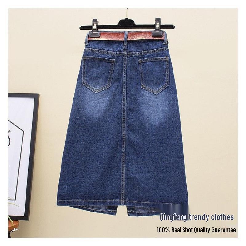 Hög midja Smal passform Retro Midi Denimkjol med Enkelknäppt Sprund
