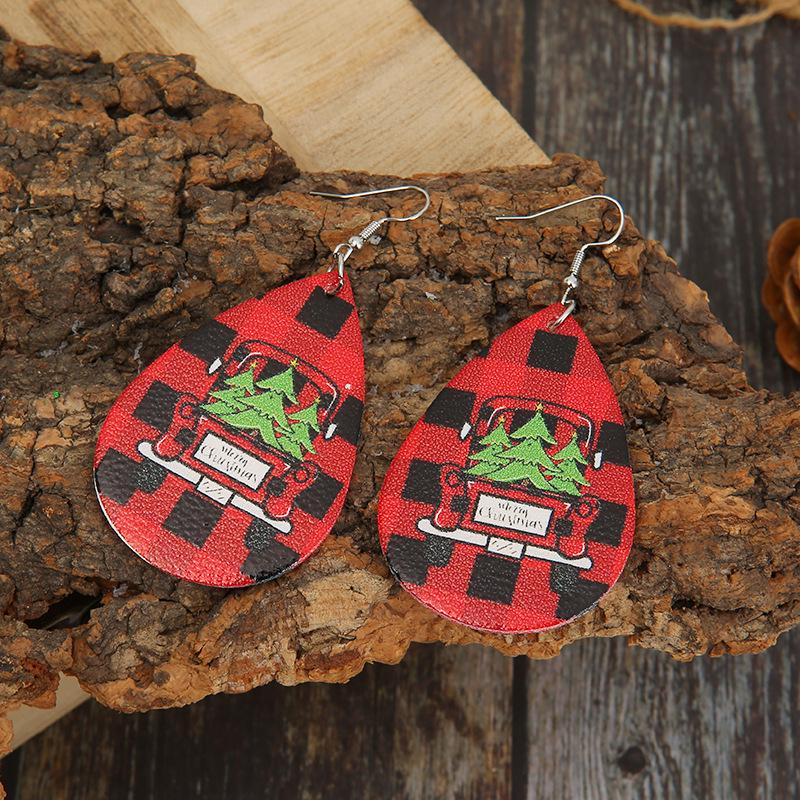 European & American Christmas Plaid Car Earrings with Tree (Double-Sided Leather)
