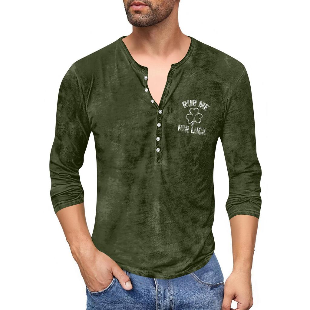 Men'S Printed T-Shirt Outdoor Retro Button Loose Long Sleeve Top