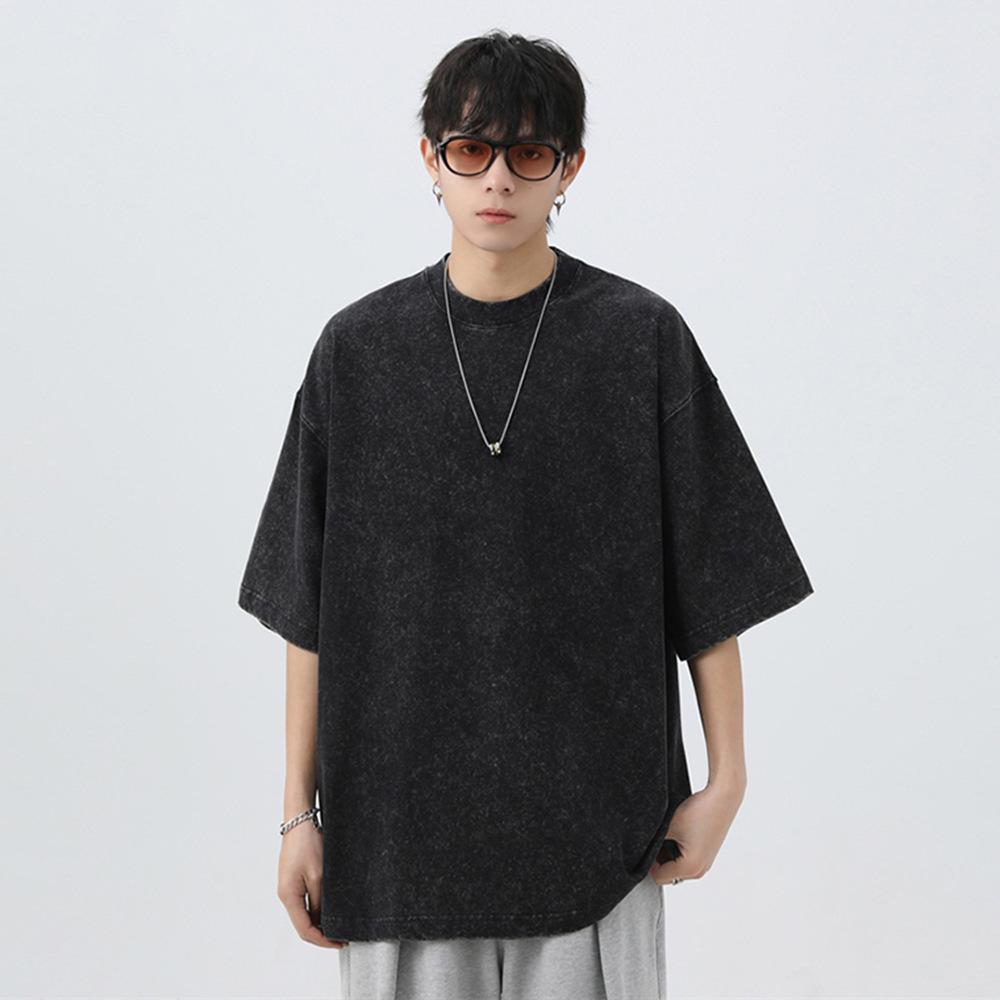 

Japanese Korean Style Stir Fried Snowflake Washed T-Shirts Men Women Cotton Heavyweight Summer Hip Hop Streetwears Short Sleeved 3XL чорний