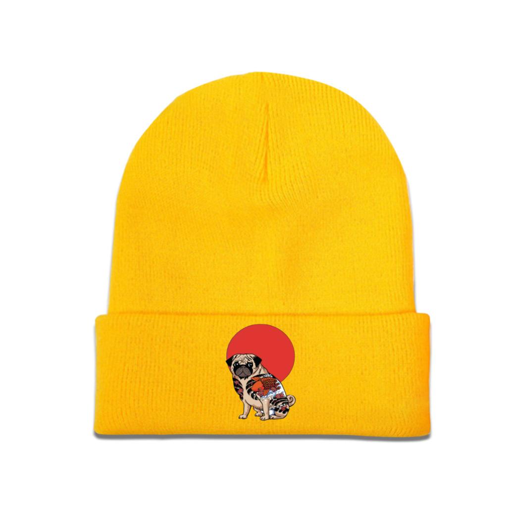 Yakuza Pug Katana Pletené čepice pro ženy Unisex Skullies Beanies Zimní čepice Polyester Pes Teplá čepice