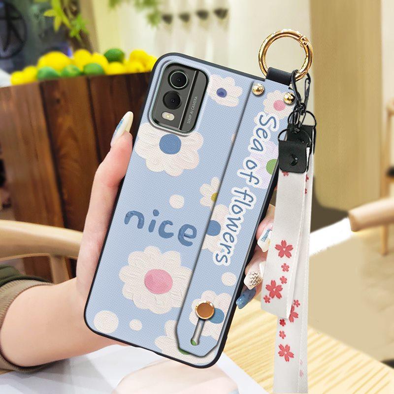Waterproof Back Cover Phone Case For Nokia C32 Anti-dust Flower Kickstand Wrist Strap Phone Holder Shockproof Wristband