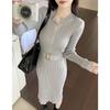 Autumn Winter Women Basic A-Line Sweater Dress O Neck Grey Black Blue Knitting Dress Knitted Bodycon Elegant Feminine Split Dress With Belt
