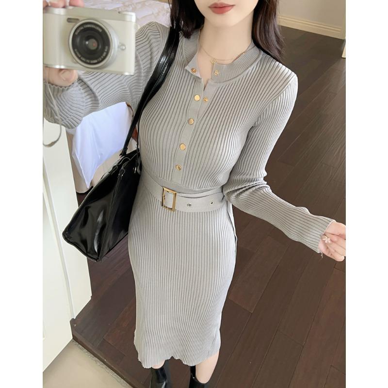 Autumn Winter Women Basic A-Line Sweater Dress O Neck Grey Black Blue Knitting Dress Knitted Bodycon Elegant Feminine Split Dress With Belt