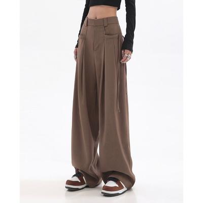 Hong Kong Style Retro Brown Wide Leg Suit Pants for Women In Spring and Autumn, Designed with A Sense of Maillard, with Straps and A Sense of Drape