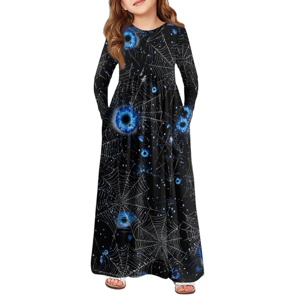 Mädchen Maxi Kleid Halloween Tag- Langarm Taschenkleid