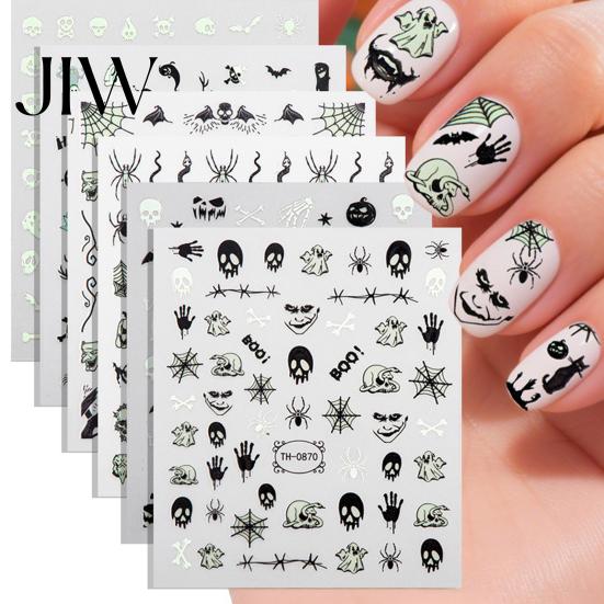 DIY Nail Art Stickers 6 Sheets Halloween Glow-in-the-dark Sticker, Spooky Ghost Pumpkin Skull Manicure Dark Theme Supplies Decal, Decoration