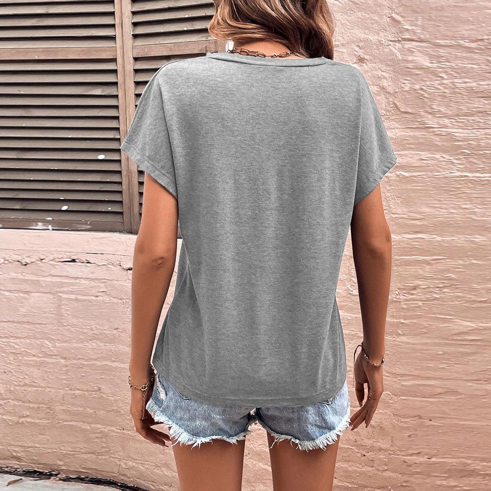 Women's new hot-selling loose casual U-neck solid color European and American T-shirt short-sleeved top TOP
