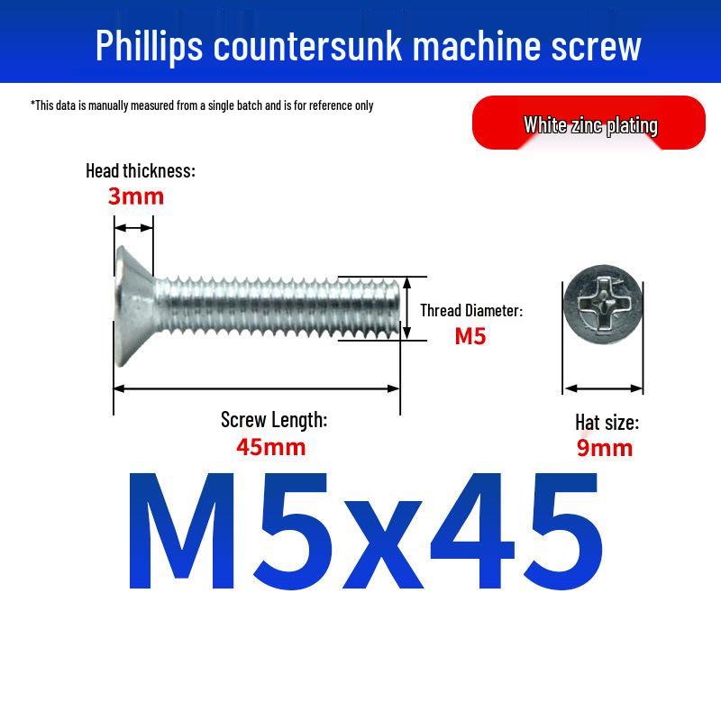 White Zinc Plated Cross Recessed Countersunk Head Screws & Bolts, Machine Thread, M3-M12
